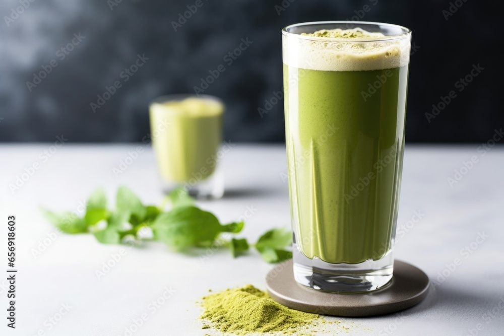 a tall glass of iced matcha tea with lemon slice a tall glass of iced matcha tea with lemon slice