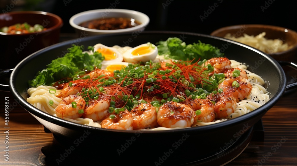 A steaming bowl of udon noodle soup with tempura shrimp and scallions. A steaming bowl of udon noodle soup with tempura shrimp and scallions.