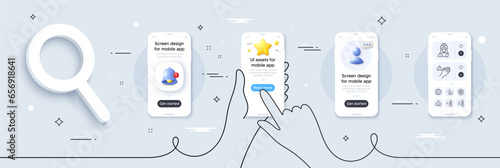 Face detect, Apartment insurance and Weather thermometer line icons pack. Phone screen mockup with 3d star, alert and chat message. Nurse, Dont touch, Coronavirus protection web icon. Vector