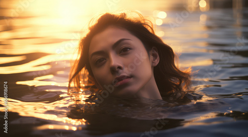 woman relaxing in water at sunset