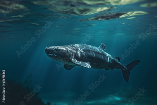 Great White Shark (Rhincodon typus) swimming underwater. © Nurdin