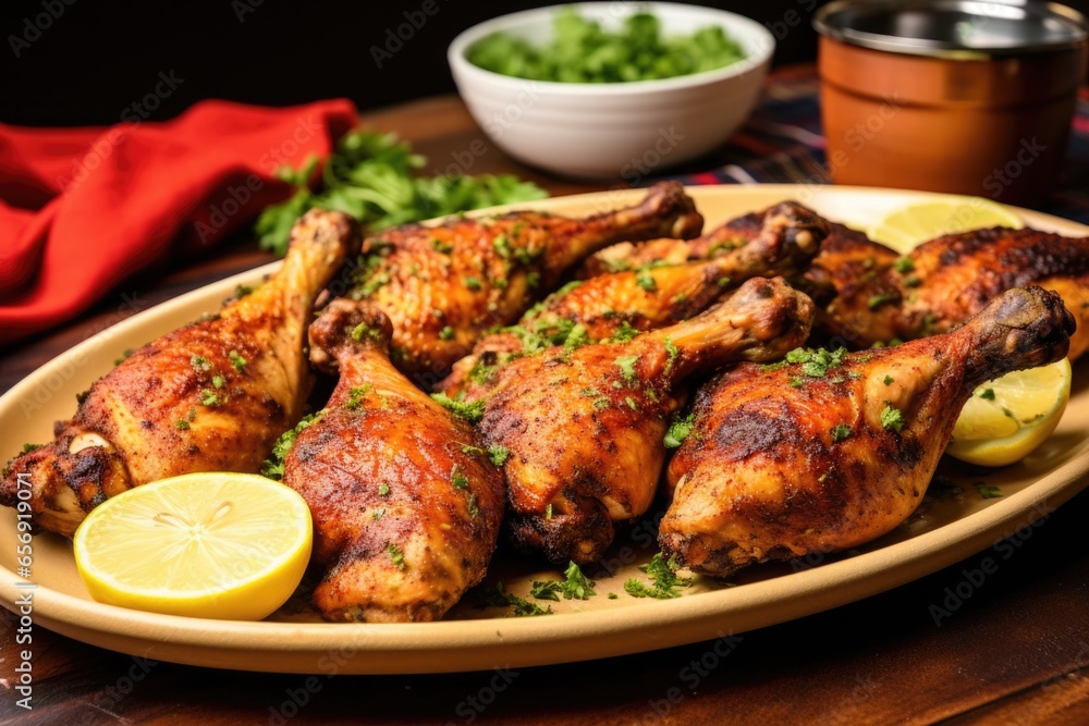 hand slewing oven-roasted jerk drumsticks on a serving plate hand slewing oven-roasted jerk drumsticks on a serving plate