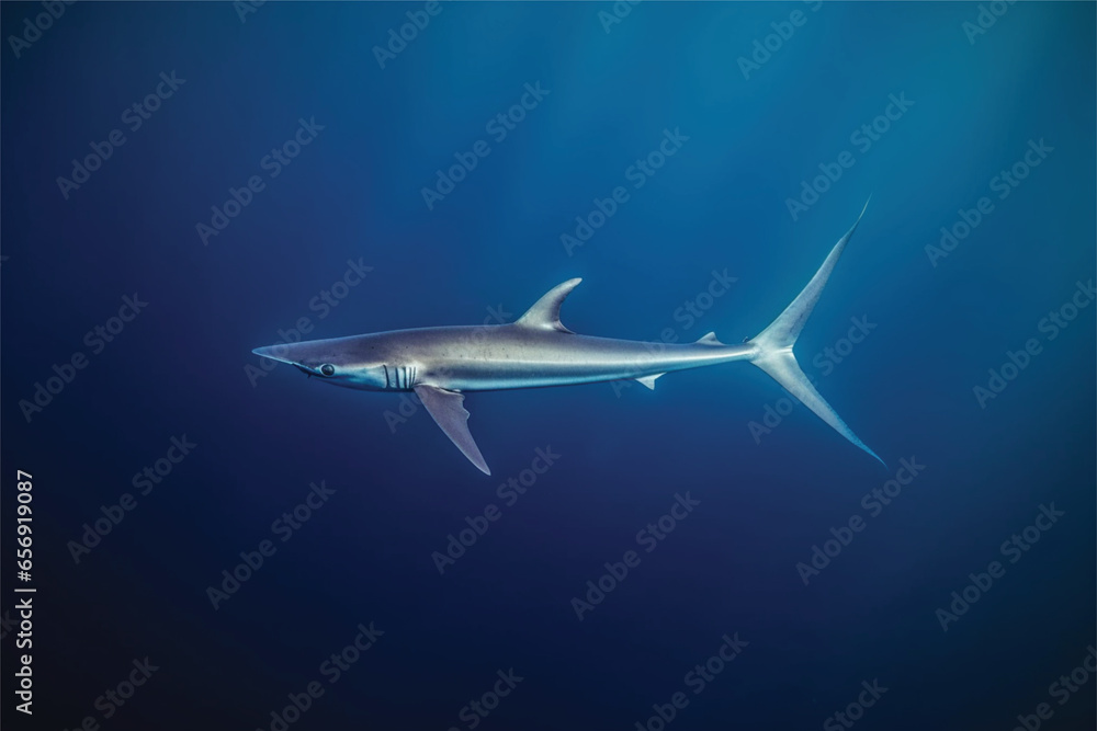 Thresher shark in the deep blue ocean. Thresher shark in the deep blue ocean.