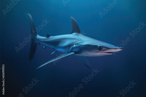 A striking underwater view of a sleek blue shark (Prionace glauca) gliding gracefully in the deep ocean, set against a gradient of mysterious blue hues.