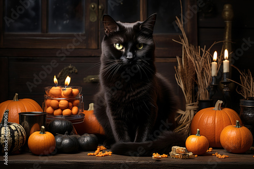 Cute black cat with a witch hat and halloween pumpkins in the background