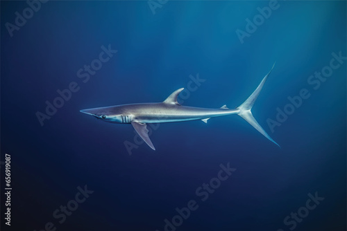 Thresher shark in the deep blue ocean. photo
