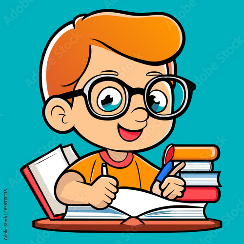 child reading a book child studying at school at home himself smart boy with glasses child picture cute vector illustration