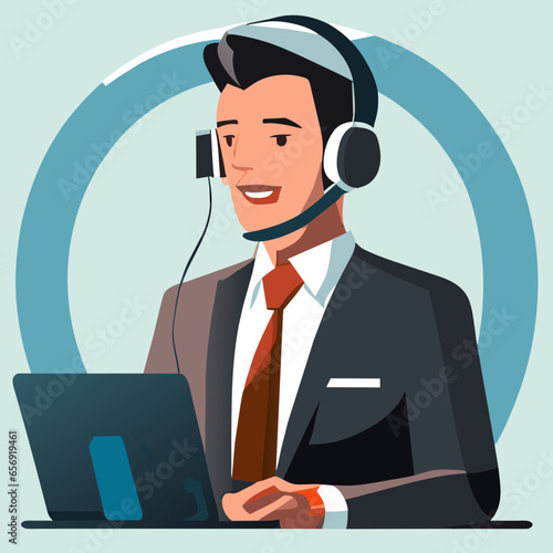 call center operator working with headphones on the computer vector illustration