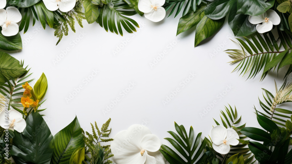A frame of tropical leaves around a white empty space. Copy space concept. A frame of tropical leaves around a white empty space. Copy space concept.