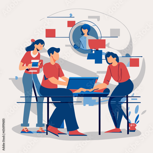 people in a meeting on computer back to school children student student studying at home himself at a table on a laptop computer vector illustration group of people