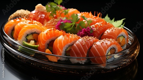 Artfully rolled sushi pieces arranged on a black lacquer tray.
