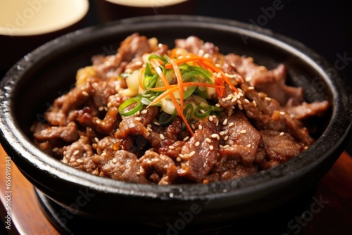 close-up of cooked bulgogi in a traditional korean bowl