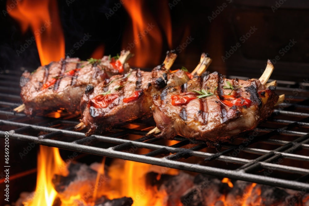 lamb chops on a grill rack with flames underneath