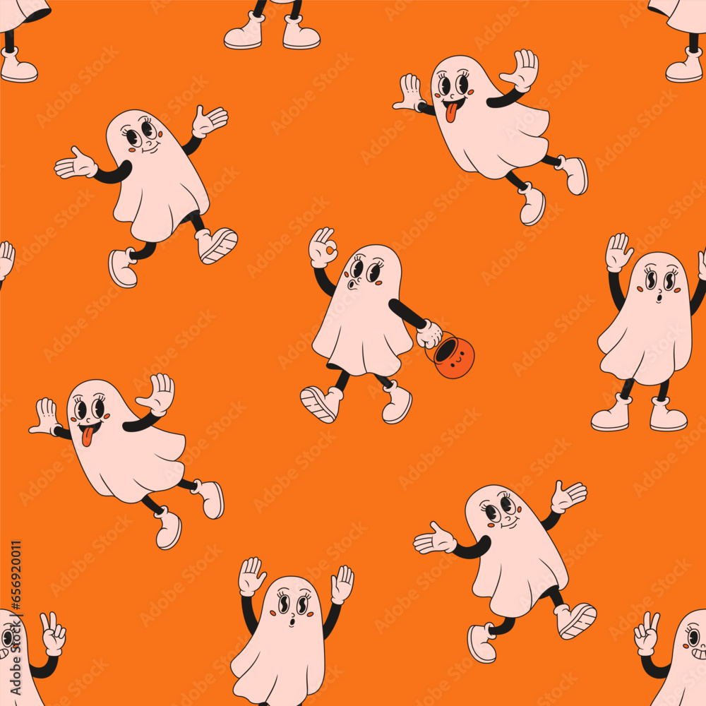 Obraz premium Halloween seamless pattern with retro cartoon ghosts. Comic retro character. Groovy funky vector illustration in retro style.