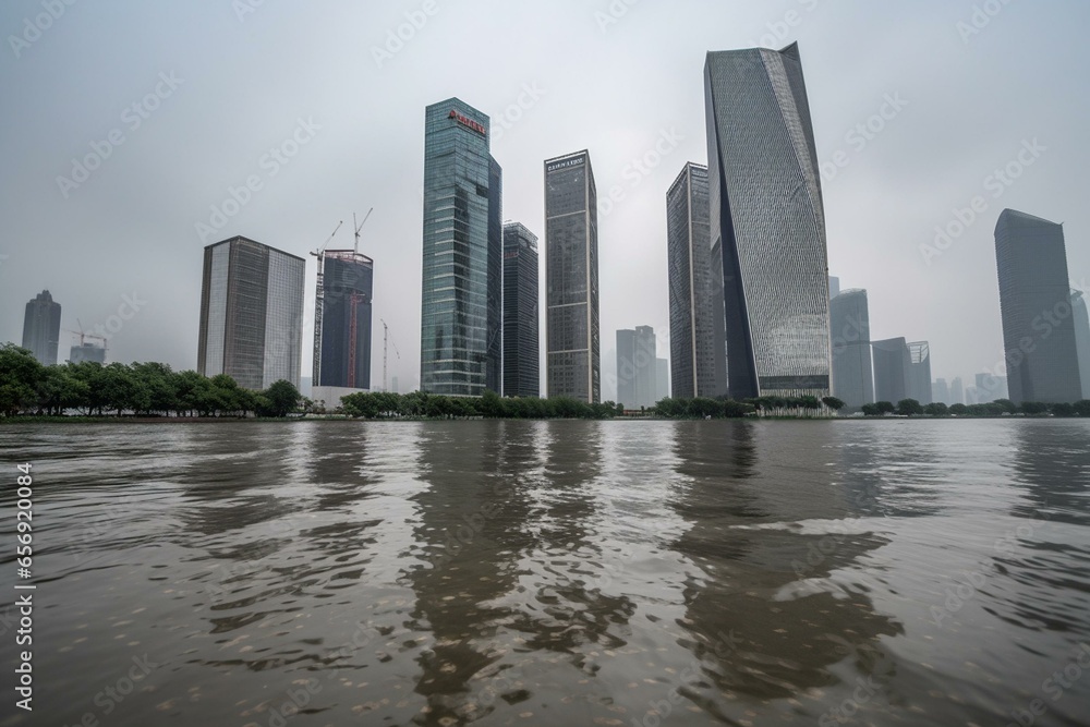 Towering buildings surrounded by water, a reminder of climate change. Generative AI
