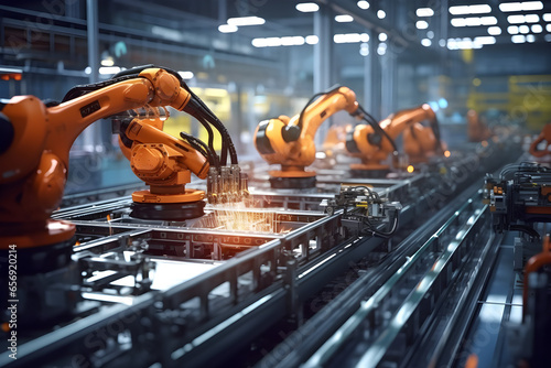 Automation in der Serienfertigung, Herstellung von Industriegütern mit Robotik, erstellt mit gernerativer KI © rawku5
