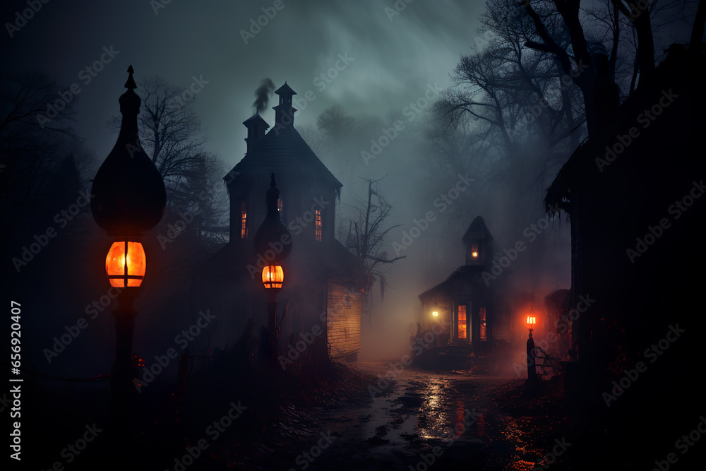 Creepy and spooky fantasy village at Halloween night.