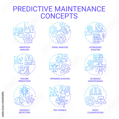 Set of 2D thin line gradient icons representing predictive maintenance, isolated vector, linear illustration.
