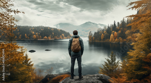 Beautiful man on the mountain top in autumn, on the beautiful mountains admiring the lake. Colorful autumn landscape. Travel and Tourism