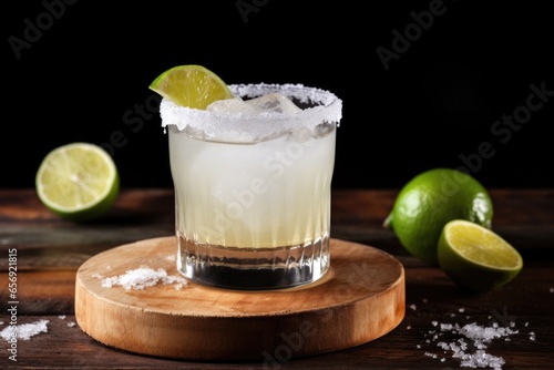margarita cocktail in a salt-rimmed glass on a wooden bar