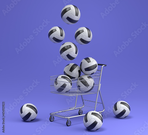 Set of ball like basketball, football and golf in shopping cart on violet photo