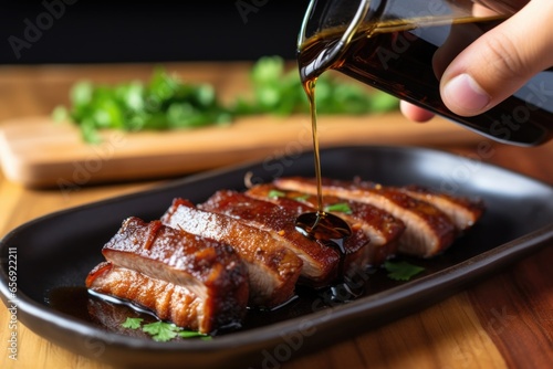 hand pouring a soy sauce marinade on pork belly slices