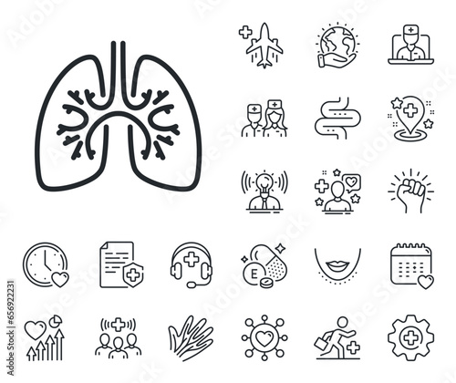 Pneumonia disease sign. Online doctor, patient and medicine outline icons. Lungs line icon. Respiratory distress symbol. Lungs line sign. Veins, nerves and cosmetic procedure icon. Intestine. Vector
