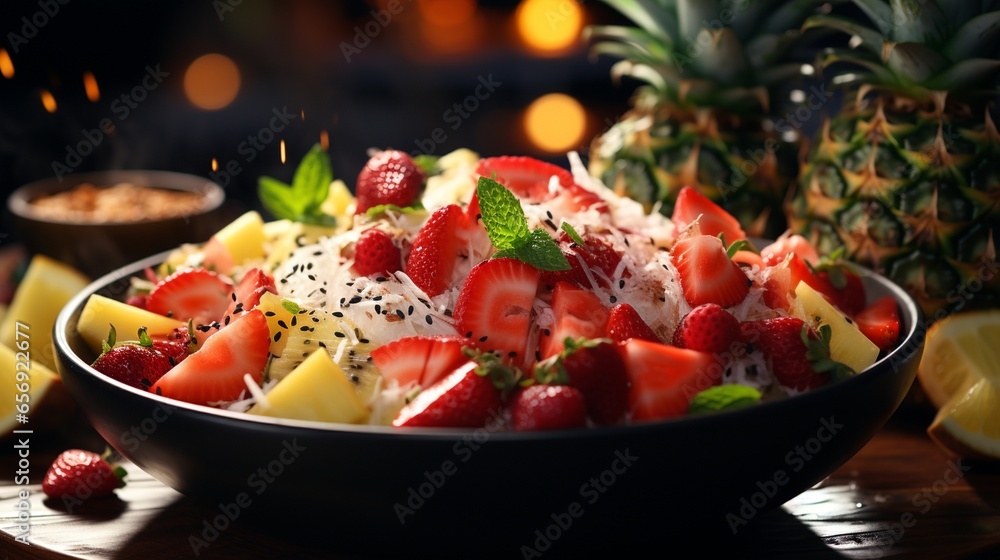 Overhead view of a vibrant tropical fruit salad in a coconut bowl. Overhead view of a vibrant tropical fruit salad in a coconut bowl.