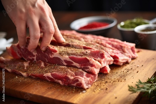 hand rubbing spices on raw pork ribs