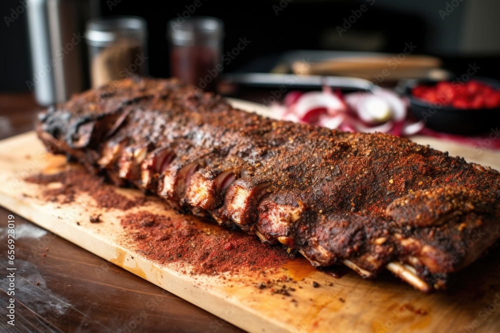 memphis ribs covered in red-brown spice rub
