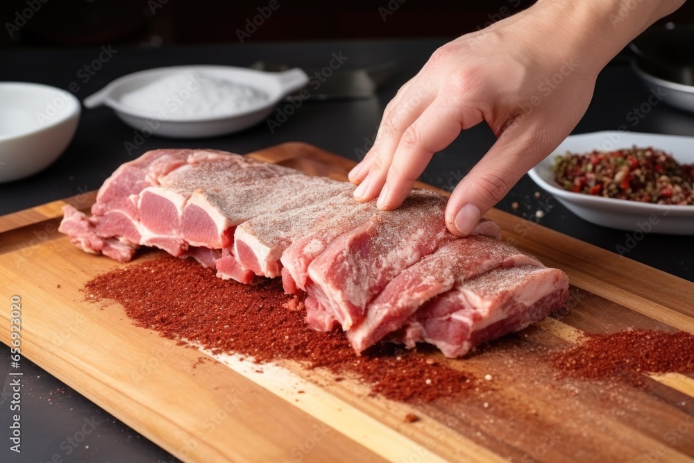 hand patting dry fresh pork ribs before adding rub