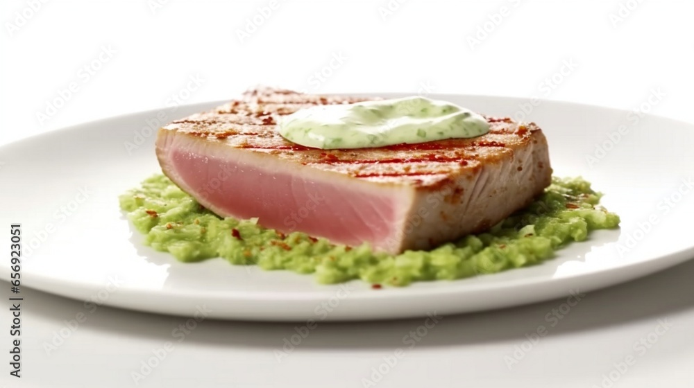 Top view of a seared tuna steak with a sesame crust and wasabi aioli. Top view of a seared tuna steak with a sesame crust and wasabi aioli.