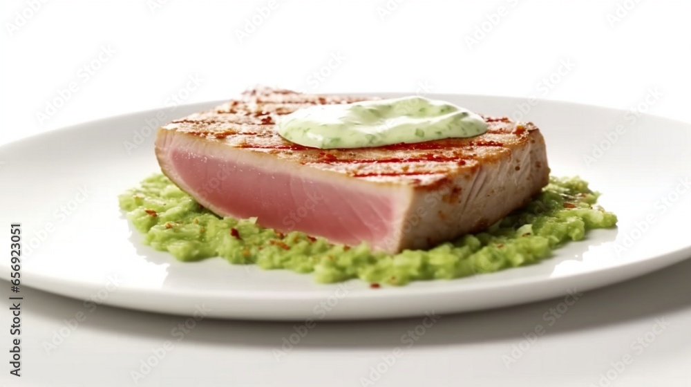 Top view of a seared tuna steak with a sesame crust and wasabi aioli.