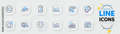 Download arrow, Accepted payment and Loan percent line icons for web app. Pack of Mortgage, Bid offer, Online payment pictogram icons. Growth chart, Savings insurance, No card signs. Vector