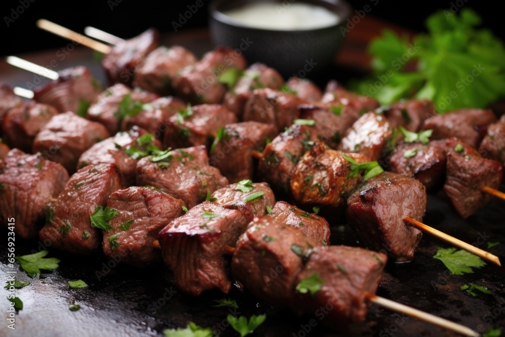 mixed meat skewers sprinkled with chopped parsley