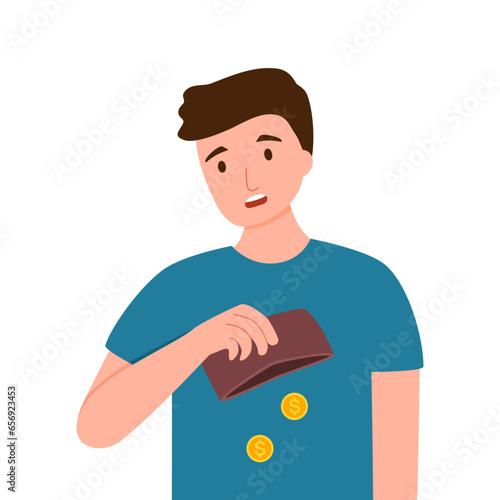 Lack of money, payment, demand, interest, no money. Man is turning out his empty wallet. Financial problem.