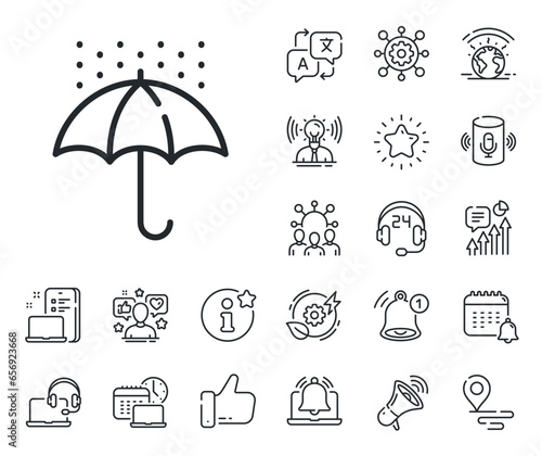 Water resistant sign. Place location, technology and smart speaker outline icons. Waterproof umbrella line icon. Rain protection symbol. Waterproof umbrella line sign. Vector