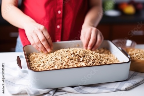 female hand leveling surface of muesli in a baking dish