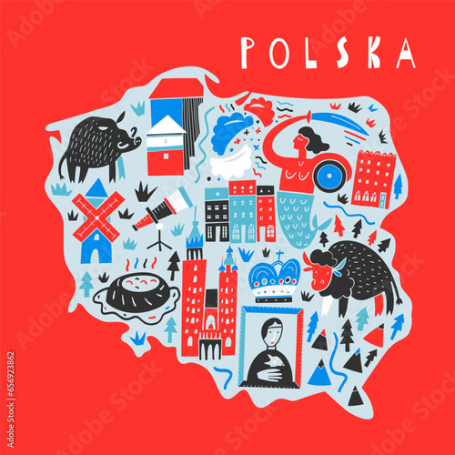 Vector Hand Drawn Stylized Map Of Polish Landmarks. Travel Illustration. Republic Of Poland Geography Illustration. Europe Map Element
