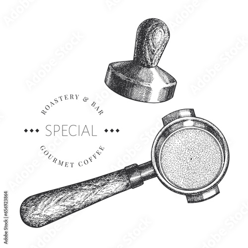 Coffee Maker Illustration. Vector Hand Drawn Isolated Espresso Portafilter. Vintage Style Barista Tool
