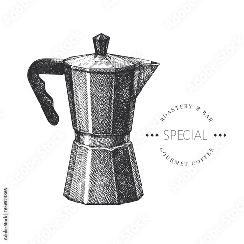 Italian Coffee Maker Illustration. Vector Hand Drawn Isolated Geyser Coffee Machine. Vintage Style Moka Pot