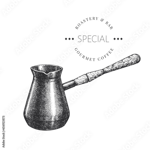 Turkish Coffee Pot Illustration. Vector Hand Drawn Isolated Esat Kitchen Utensil. Vintage Style Barista Tool photo