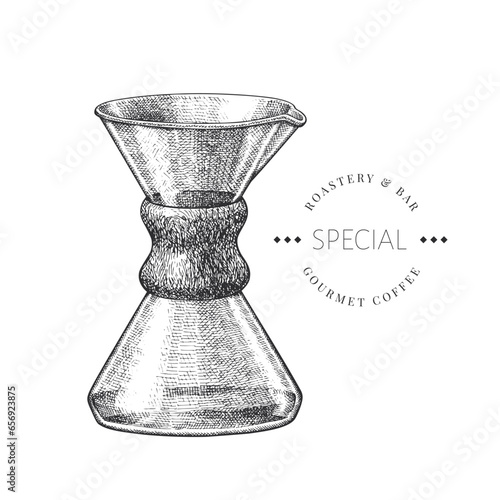 Alternative Coffee Maker Illustration. Vector Hand Drawn Isolated Glass Coffee Pot. Vintage Style Filter Coffee Maker