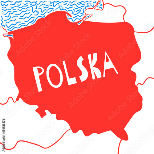 Vector Hand Drawn Stylized Map Of Poland. Travel Illustration. Republic Of Poland Geography Illustration. Europe Map Element