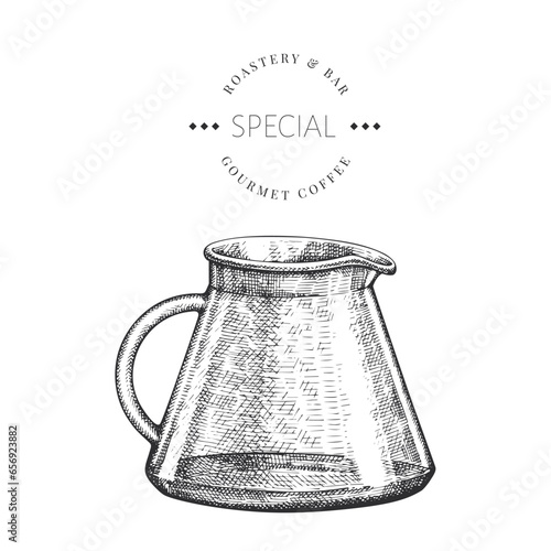 Alternative Coffee Maker Illustration. Vector Hand Drawn Isolated Glass Coffee Pot. Vintage Style Filter Coffee Maker photo