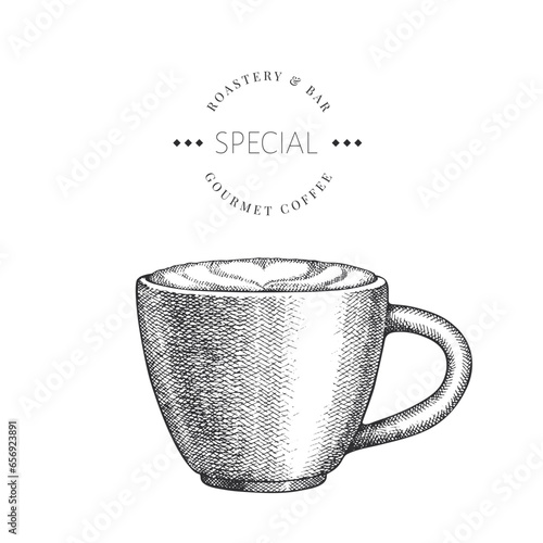 Coffee Cup Illustration. Vector Hand Drawn Isolated Cappuccino Mug. Vintage Style Beverage