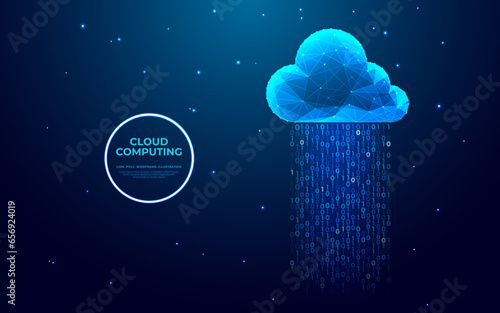 Abstract cloud computing technology concept. Digital cloud and binary code. Download and upload data information storage. Low poly wireframe vector illustration in futuristic hologram style.