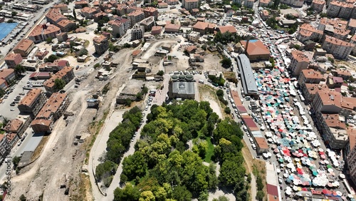A photo of Niğde old city center taken with a drone. Niğde Castle, Alaeddin Mosque and public market place. photo