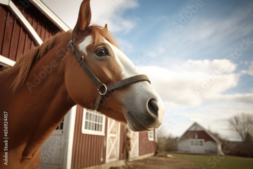 flared nostrils of a horse with a barn background