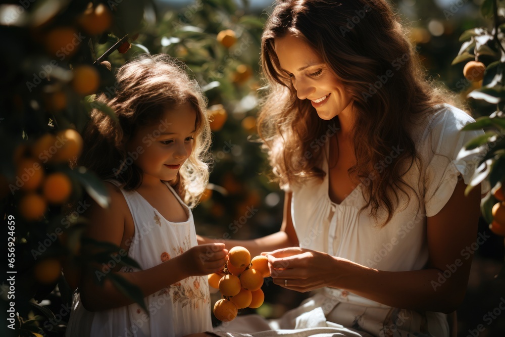 Mother and daughter time picking fruit and happiness. AI generative Mother and daughter time picking fruit and happiness. AI generative